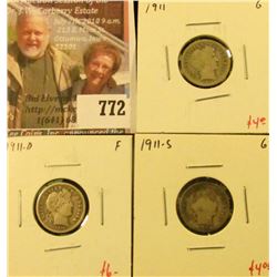 (3) Barber Dimes, 1911 G, 1911-D F, 1911-S, group value $114