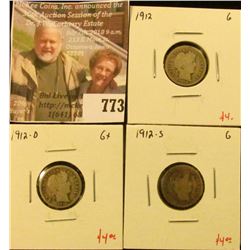 (3) Barber Dimes, 1912PDS, all G, group value $12