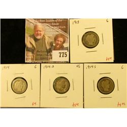 (4) Barber Dimes, 1913 G, 1914 G, 1914-D VG, 1914-S G, group value $17