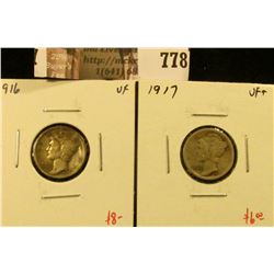 (2) Mercury Dimes, 1916 & 1917, both VF, value for pair $14