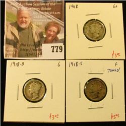 (3) Mercury Dimes, 1918 G, 1918-D G, 1918-S F toned, group value $11
