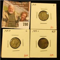 (3) Mercury Dimes, 1919 G, 1919-D, G, 1919-S VG/F, group value $12