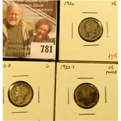 (3) Mercury Dimes, 1920 VG, 1920-D G, 1920-S VG toned, group value $10+