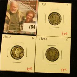 (3) Mercury Dimes, 1923 F, 1924-D G, 1924-S G, group value $10+
