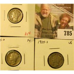 (3) Mercury Dimes, 1925 VG+, 1925-D F+, 1925-S VG, group value $19+