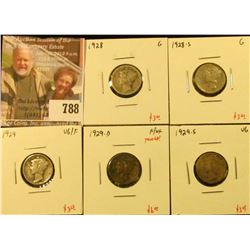 (5) Mercury Dimes, 1928 G, 1928-S G, 1929 VG/F, 1929-D F/VF toned, 1929-S VG, group value $18+