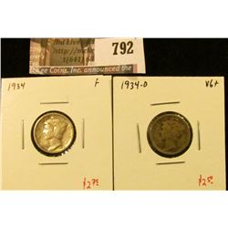 (2) Mercury Dimes, 1934 F, 1934-D VG+, value for pair $5+