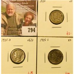 (3) Mercury Dimes, 1935 VF, 1935-D VG/F, 1935-S XF, group value $10+