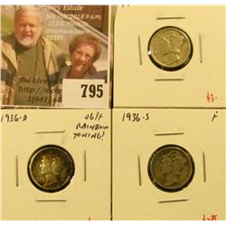 (3) Mercury Dimes, 1936 XF, 1936-D VG/F rainbow toning, 1936-S F, group value $8+