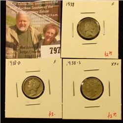 (3) Mercury Dimes, 1938 F, 1938-D F, 1938-S XF+, group value $9+