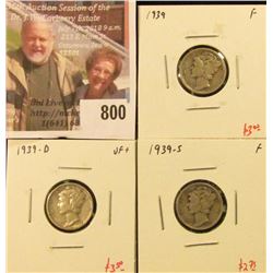 (3) Mercury Dimes, 1939 F, 1939-D VF+, 1939-S F, group value $9+