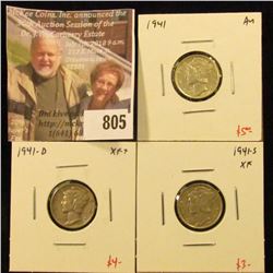(3) Mercury Dimes, 1941 AU, 1941-D XF+, 1941-S XF, group value $12