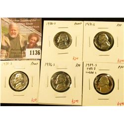 1136 . (5) Proof Jefferson Nickels, 1970-S, 1971-S, 1975-S, 1976-S