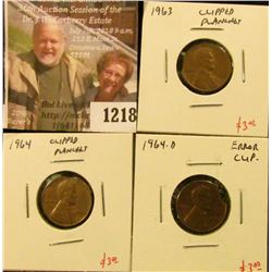 1218 . ERROR – 3 Lincoln Cents – 1963, 1964, 1964-D, all with clipp