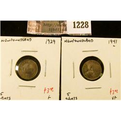 1228 . (2) Newfoundland 5 Cent Silvers, 1929 F, 1941C VF, value for