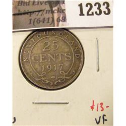 1233 . 1917C Newfoundland 25 Cents, VF, value $13
