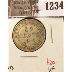 1234 . 1919C Newfoundland 25 Cents, VF, value $20