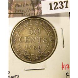 1237 . 1909 Newfoundland 50 Cents, F, value $17