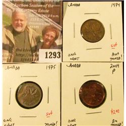1293 . Group of 3 Canada One Cents, 1974 AU+ toned, 1975 toned, 200