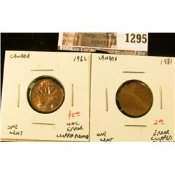 1295 . Pair of ERROR Canada One Cents, 1962 UNC clipped planchet, 1