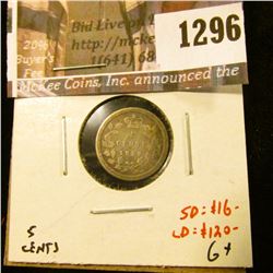 1296 . 1858 Canada Five Cent Silver, G+, small date value $16, larg