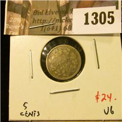 1305 . 1885 large 5 Canada Five Cent Silver, VG, value $24