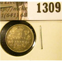 1309 . 1890H Canada Five Cent Silver, VG, value $13