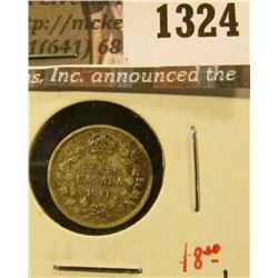 1324 . 1911 Canada Five Cent Silver, VF+, nice, value $8