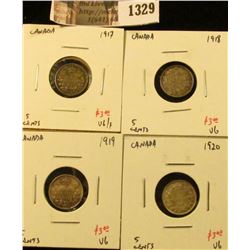 1329 . (4) Canada Five Cent Silvers, 1917 VG/F, 1918 VG, 1919 VG, 1