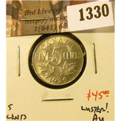 1330 . 1924 Canada Five Cents, AU with luster, value $45