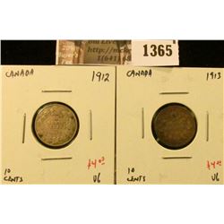 1365 . (2) Canada Ten Cents, 1912 & 1913 both VG, value for pair $8