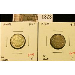 1373 . (2) Canada Ten Cents 1921 & 1928, both F, value for pair $8