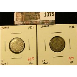 1375 . (2) Canada Ten Cents 1931 VG+ & 1936 VF, value for pair $8