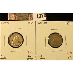 1378 . (2) Canada Ten Cents 1950 AU toned, 1951 XF, value for pair