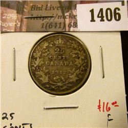 1406 . 1912 Canada 25 Cents, F, value $16