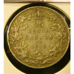 1413 . 1919 Canada 25 Cents, F+, value $10