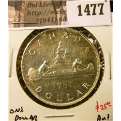 1477 . 1951 Canada Silver Dollar, AU+, value $25+