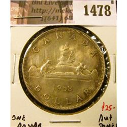 1478 . 1952 Canada Silver Dollar, AU+ toned, value $25+