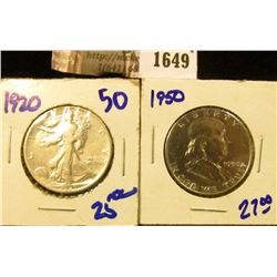 1649 . 1920 Walking Liberty Half Dollar and 1950 Franklin Half Doll