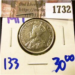 1732 . Newfoundland 1917 Silver Quarter With King George On The Fro