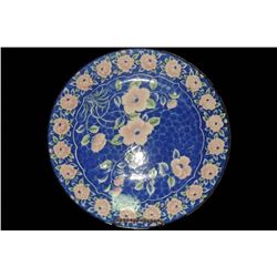 Large Round Oriental Charger / Platter / Plate 12" Pink flowers on Blue