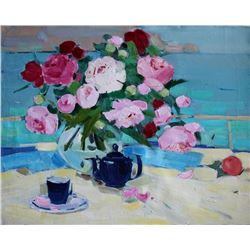 original still life oil painting Spring Flowers peonies by ANNA GUSAROVA