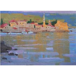 Sunset seascape  realism original oil painting colorful art by Anna Gusarova
