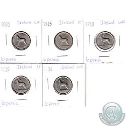 Lot of Ireland 6 Pence 1934-1950 EF to UNC as per holders. 5pcs