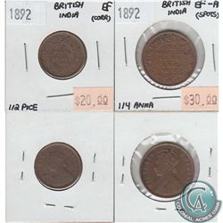 1892 British India 1/2 Piece in EF (corrosion) & 1892 British India 1/4 Anna in EF-AU (Spots). 2pcs