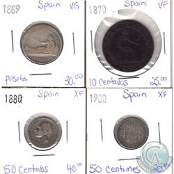 Lot of 4x Spain Coinage Dated 1869-1900 in VG to XF as per holders. 4pcs