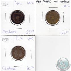 Lot of 3x Peru Coinage Dated 1876, 1901 & 1935 in UNC as per holders. 3pcs
