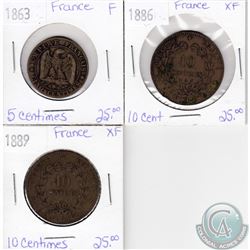 Lot of 3x France Coinage Dated 1863, 1886 & 1889 in F or XF as per holders. 3pcs