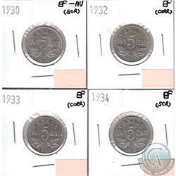 Lot of 4x Canada 5-cent Dated 1930, 1932, 1933 & 1934 in EF or EF-AU (coins have various impairments