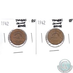 Lot of 2x 1942 Canada 5-cent Tombac Skinny Beaver in EF & AU. 2pcs